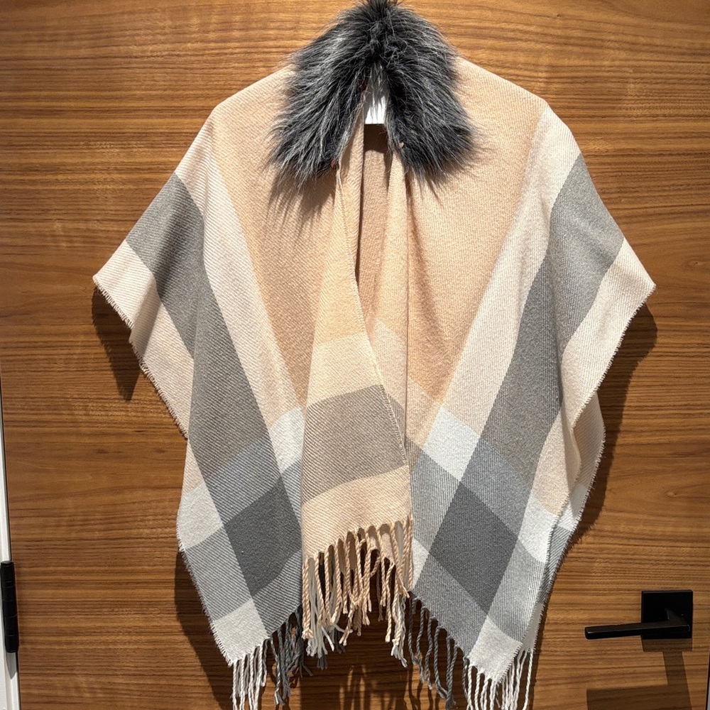 1.  Kids Plaid Cape with Faux Fur Collar
